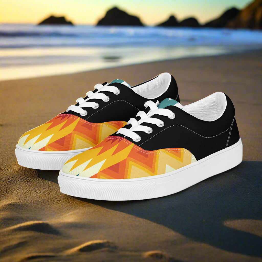 Custom Southwest Lace-up Canvas Shoes WildSage orange and yellow southwest geometric pattern black canvas trim white laces