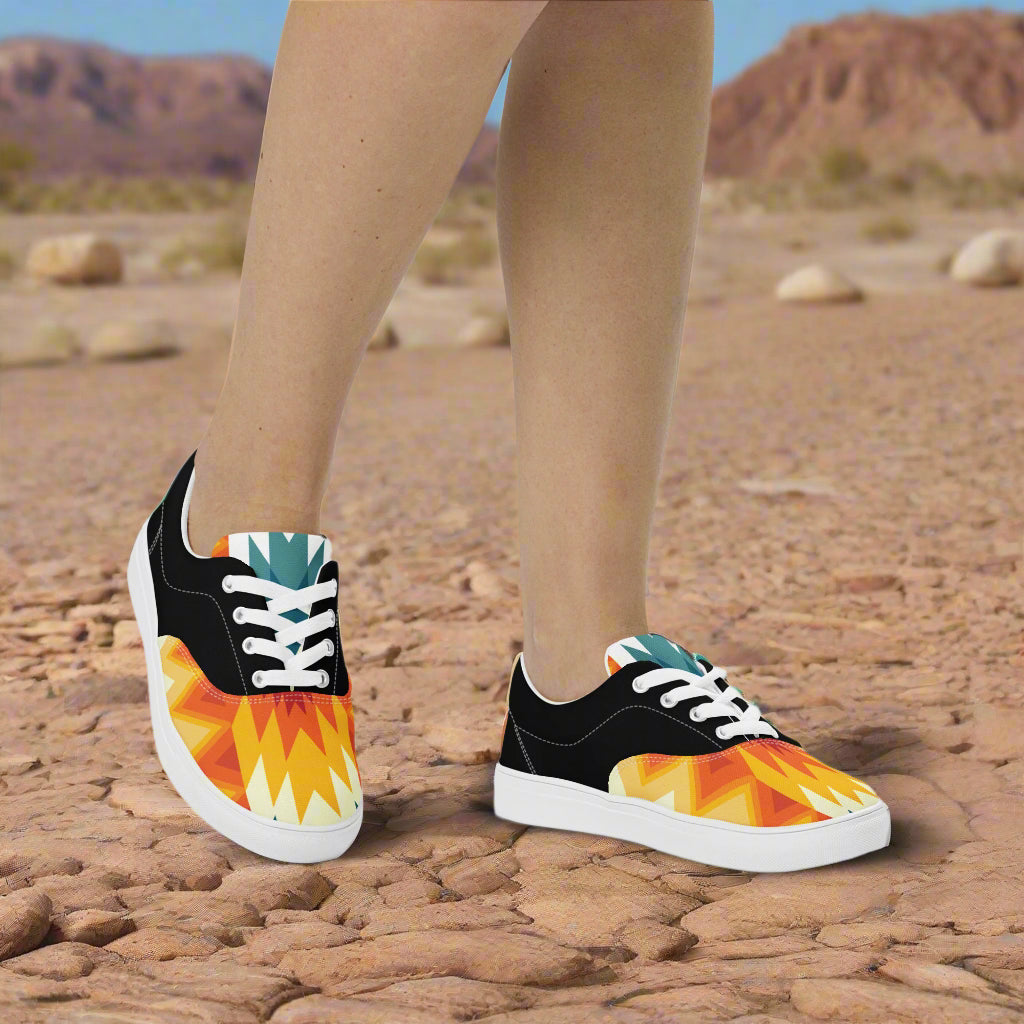 Custom Southwest Lace-up Canvas Shoes WildSage Market orange yellow geometric print on canvas with black upper and white laces