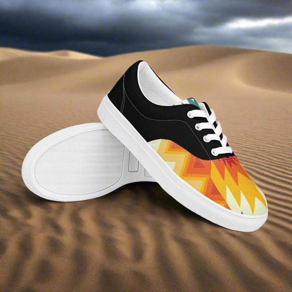 WildSage Market Custom Southwest Lace-up Canvas Shoes black and white sneaker with orange yellow southwest zigzag pattern on toe