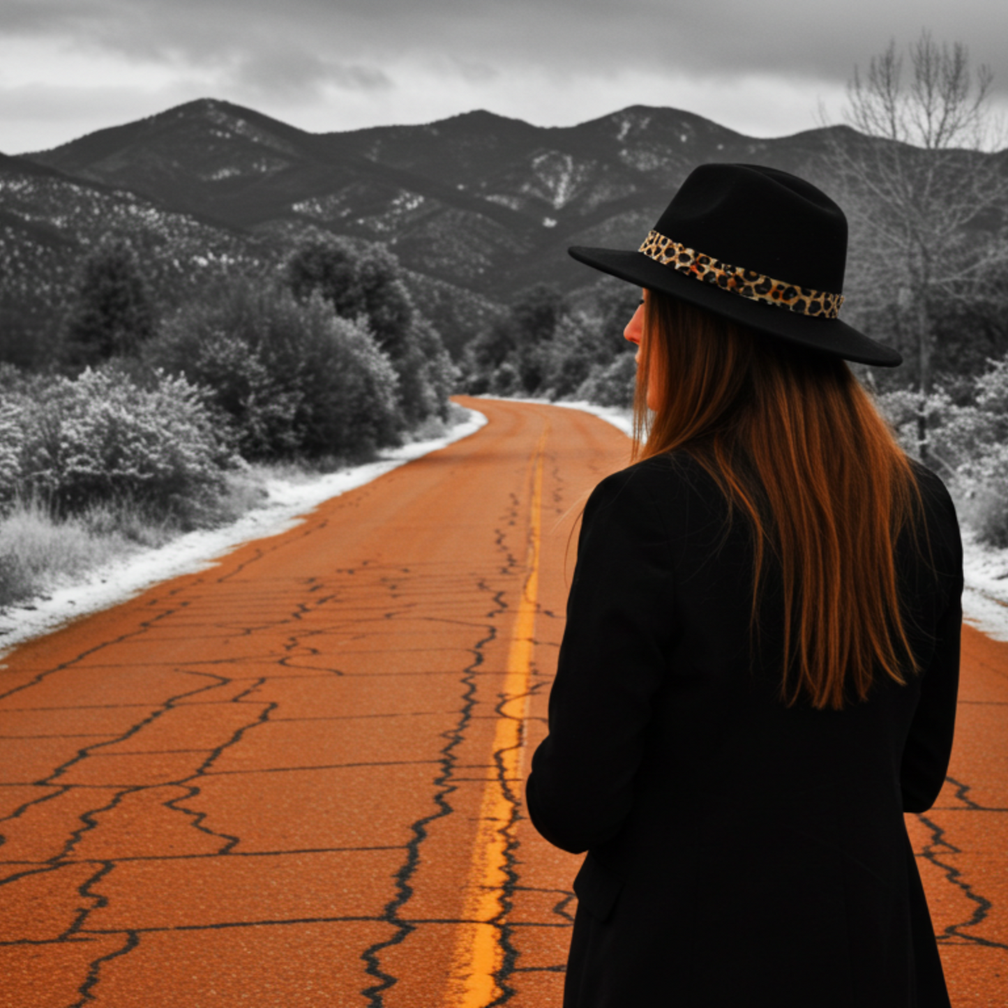 Woman wearing a stylish black hat with a cheetah print headband hatband on a scenic road