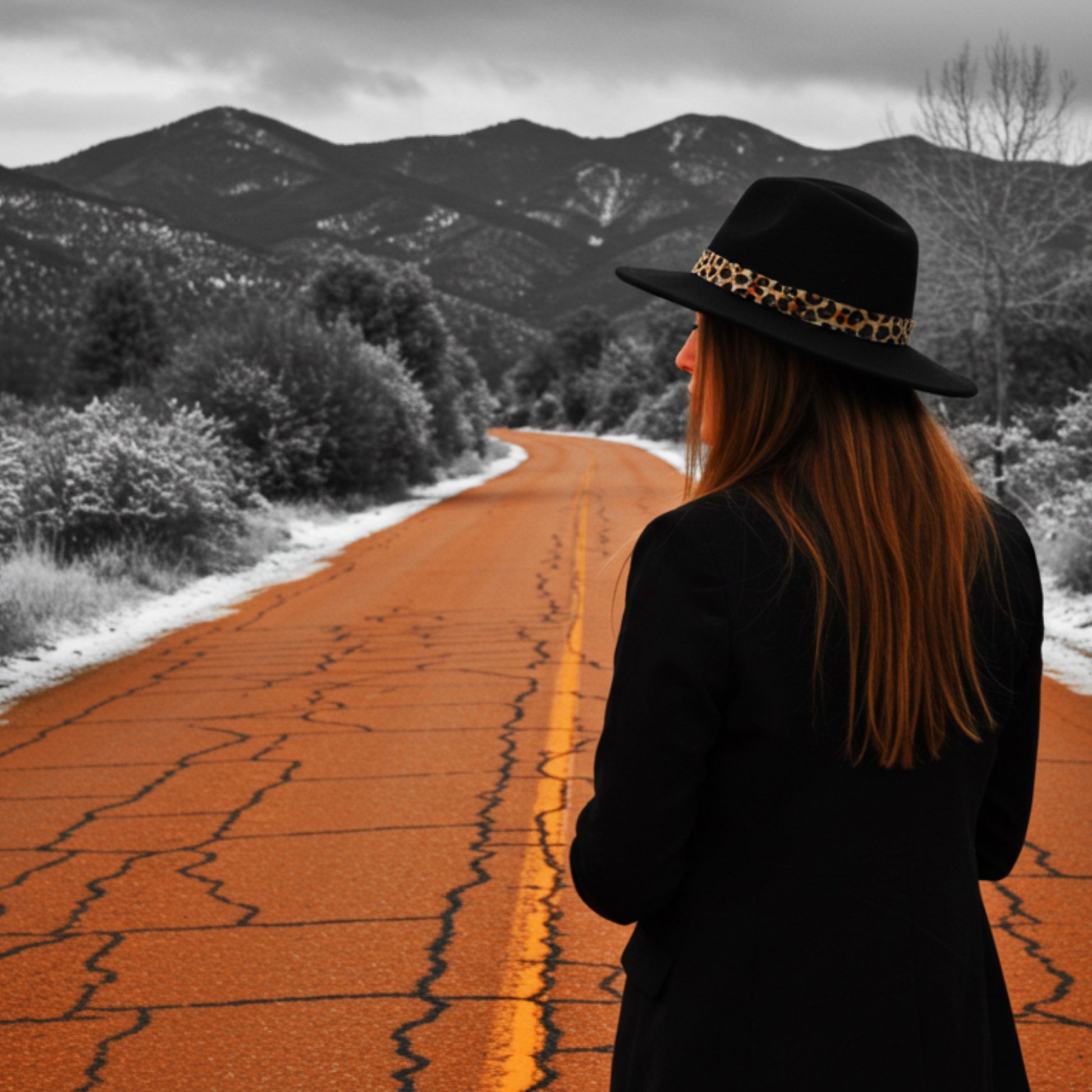 Woman wearing a stylish black hat with a cheetah print headband hatband on a scenic road