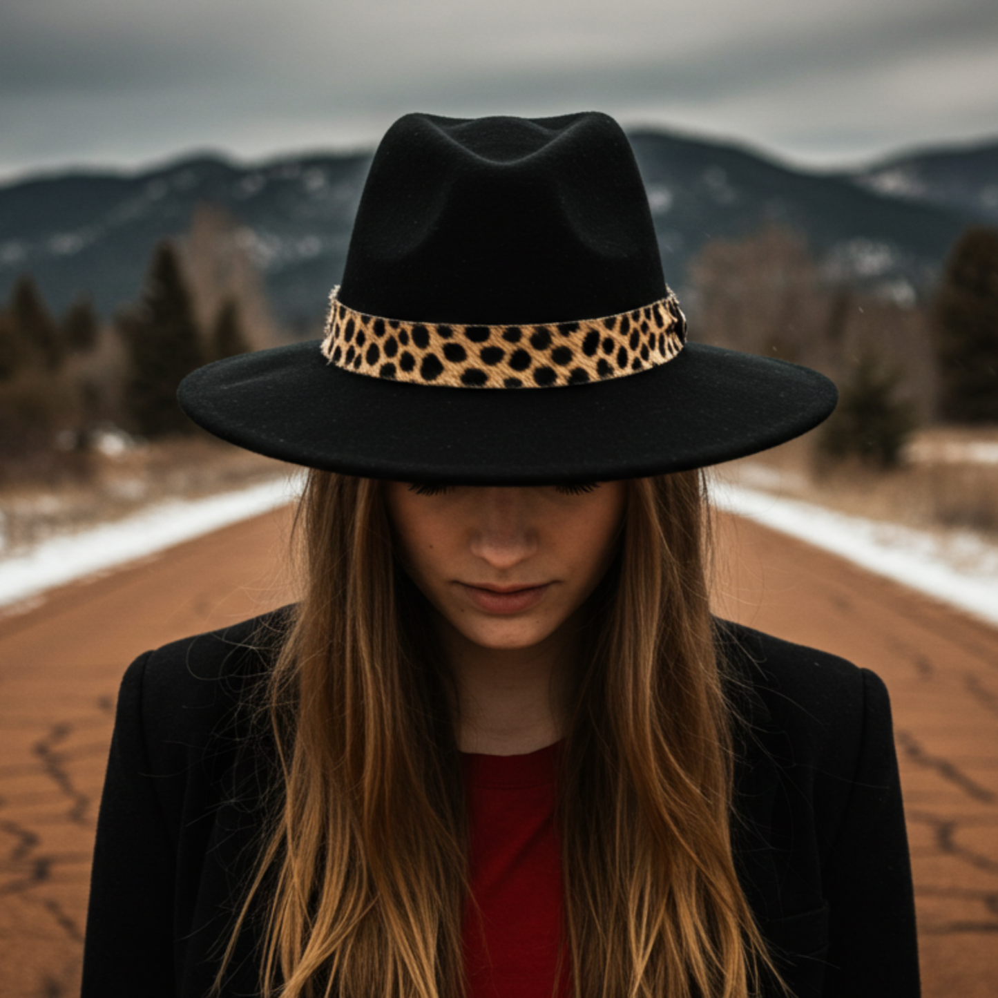Cheetah print headband hatband on a black hat worn by a model in a scenic outdoor setting
