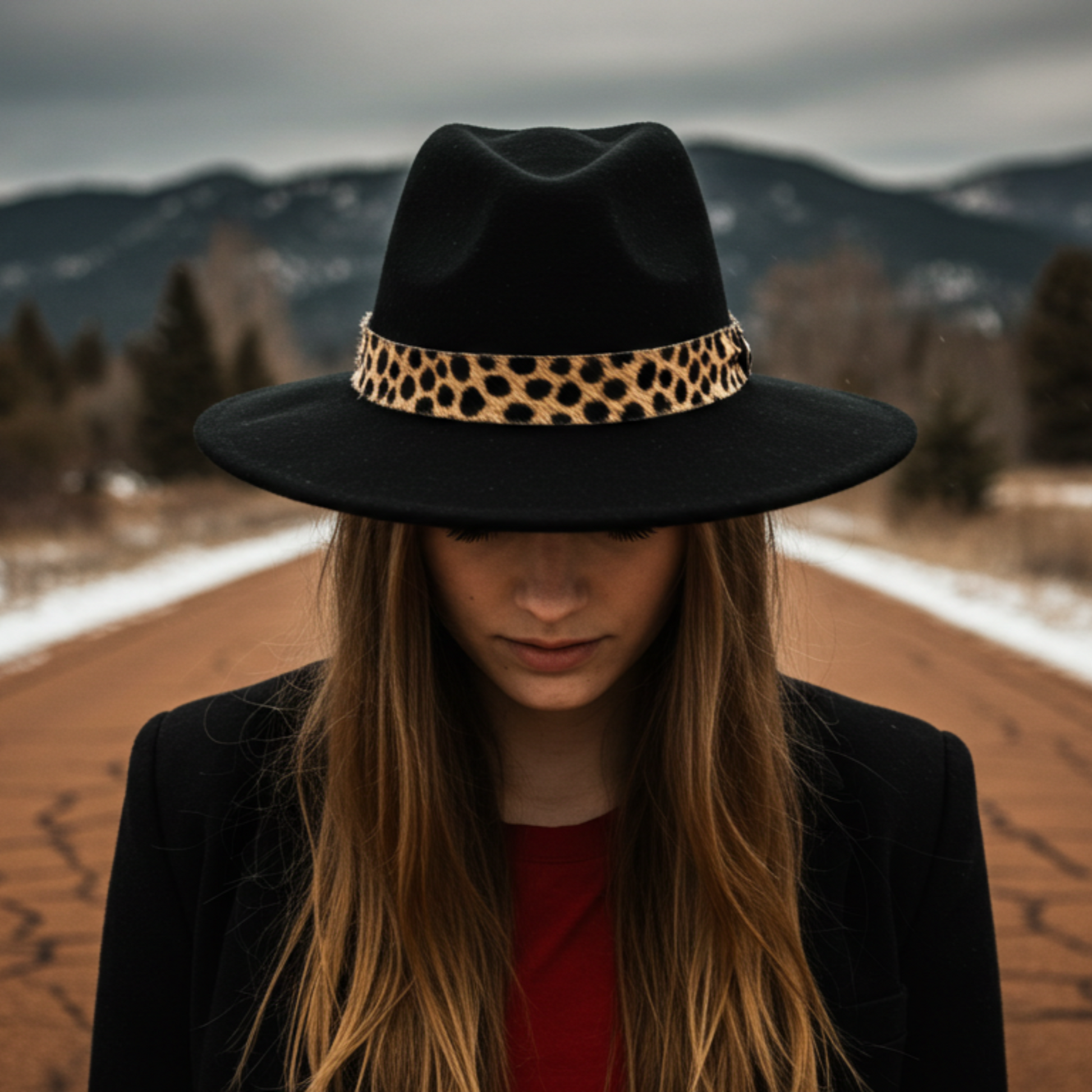 Cheetah print headband hatband on a black hat worn by a model in a scenic outdoor setting