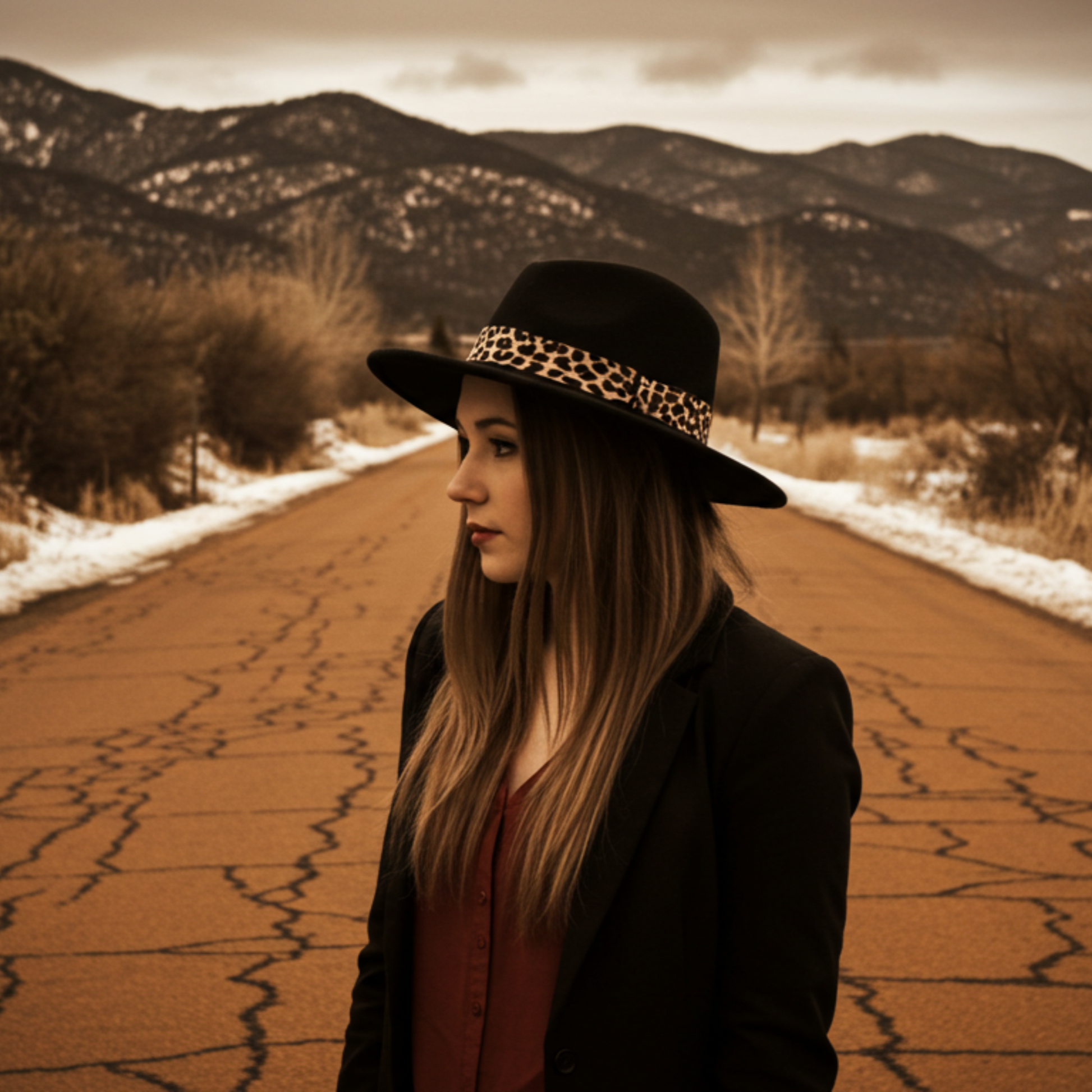 Stylish cheetah print headband hatband worn by a woman in a black hat on a scenic road