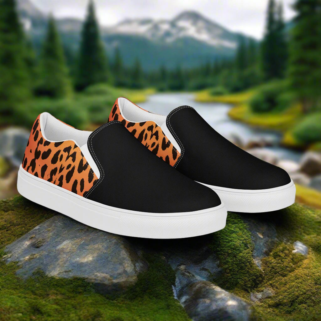 Cheetah Two Tone Slip-on Canvas Shoes with a stylish black and cheetah print design