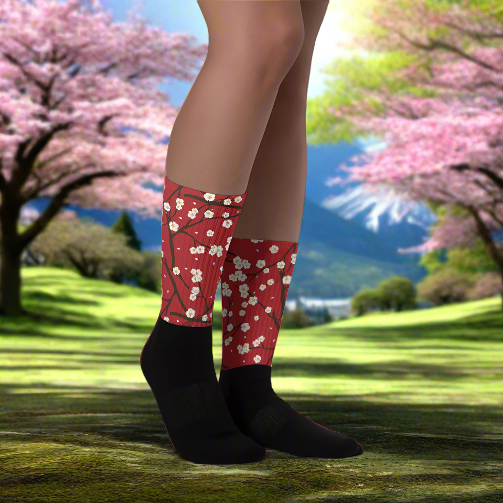 Cherry Blossom Unisex Black Bottom Socks with a vibrant floral design perfect for casual wear