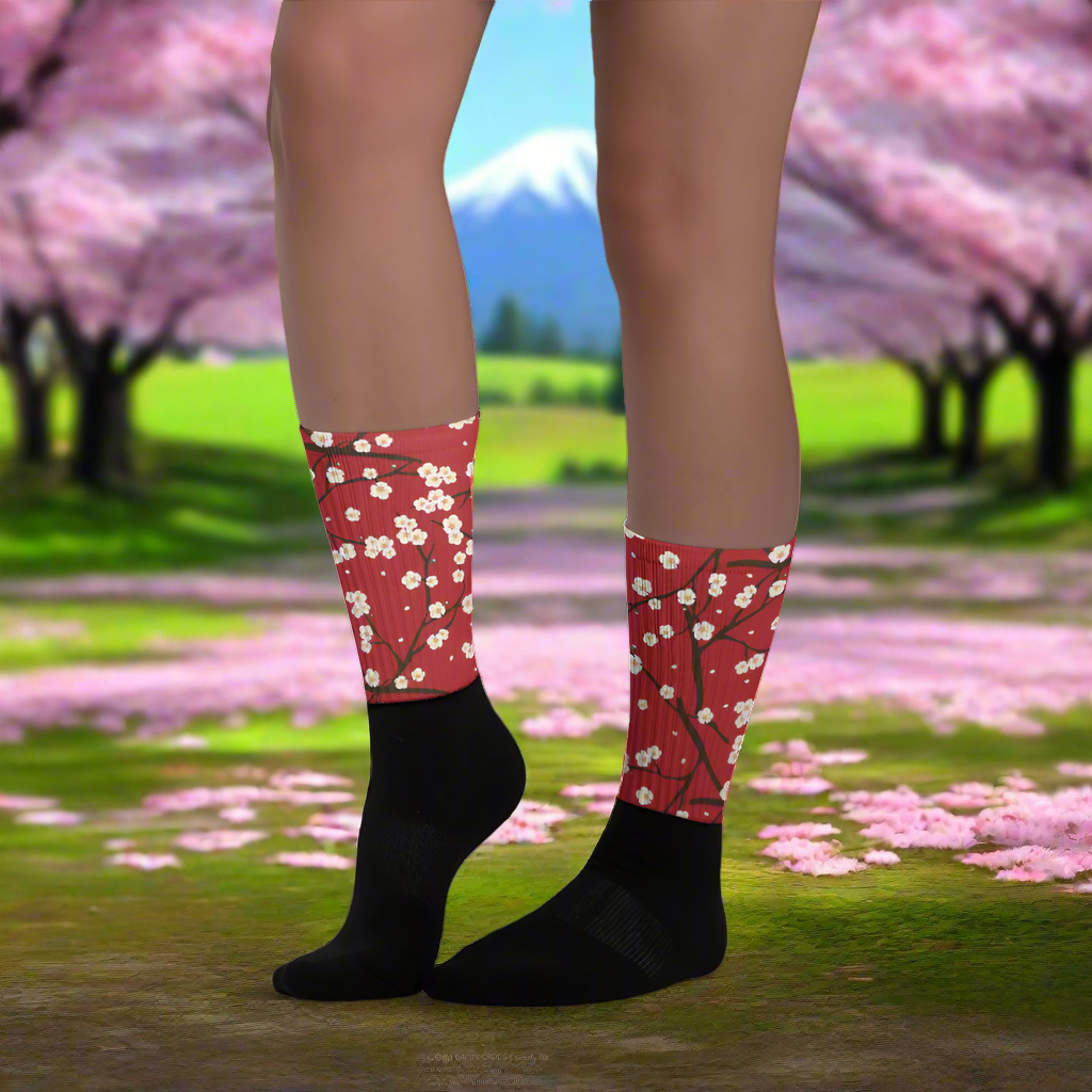Cherry Blossom Unisex Black Bottom Socks featuring a vibrant floral design on a black base
