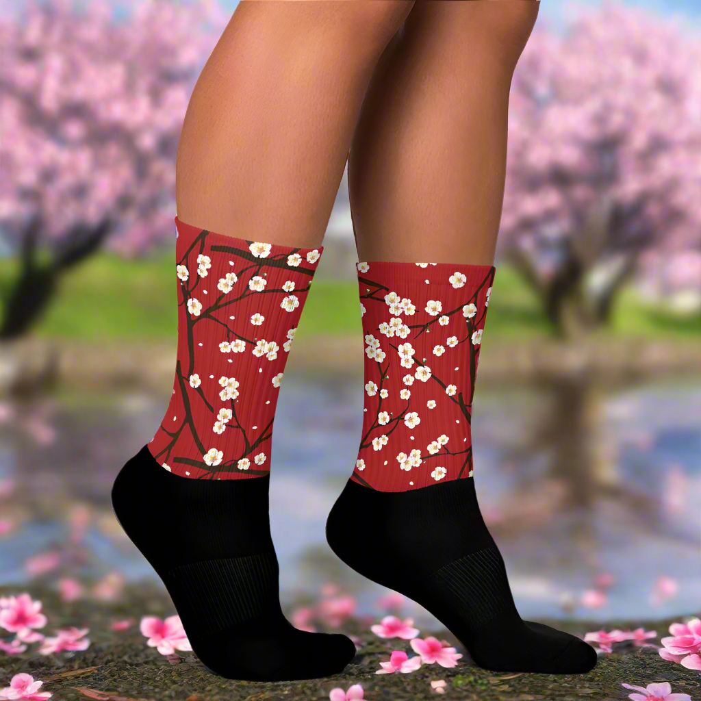 Cherry Blossom Unisex Black Bottom Socks with a vibrant cherry blossom design on a black background