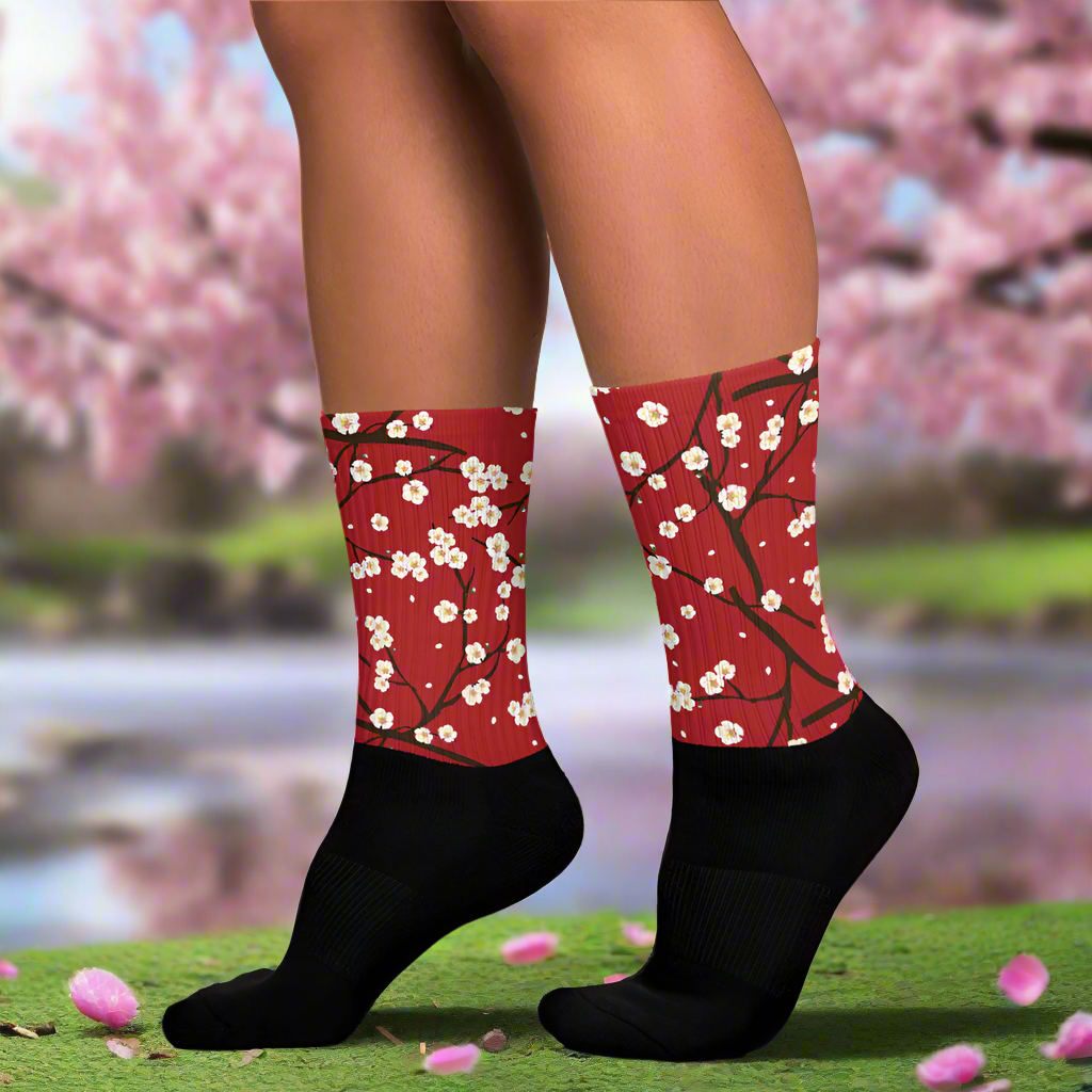 Cherry Blossom Unisex Black Bottom Socks featuring vibrant floral design for stylish comfort