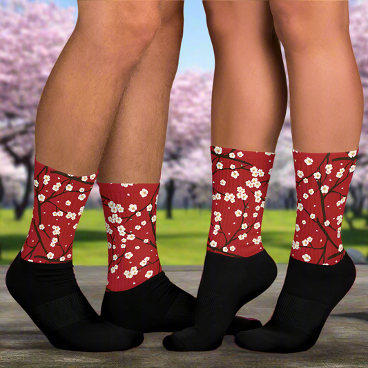 Cherry Blossom Unisex Black Bottom Socks featuring a floral design perfect for casual wear
