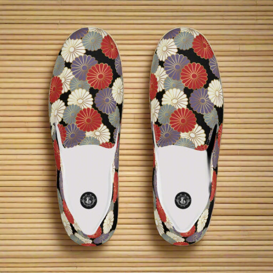 Chrysanthemum floral print slip-on canvas shoes with vibrant colors and a stylish design from WildSage Market