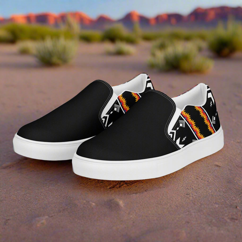 Slip-on Canvas Shoes Condios Two Tone with Black and Colorful Tribal Design for Comfortable Wear