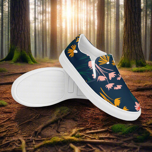 Coneflower Floral Print Slip-on Canvas Shoes with a Stylish Floral Design on a Dark Background
