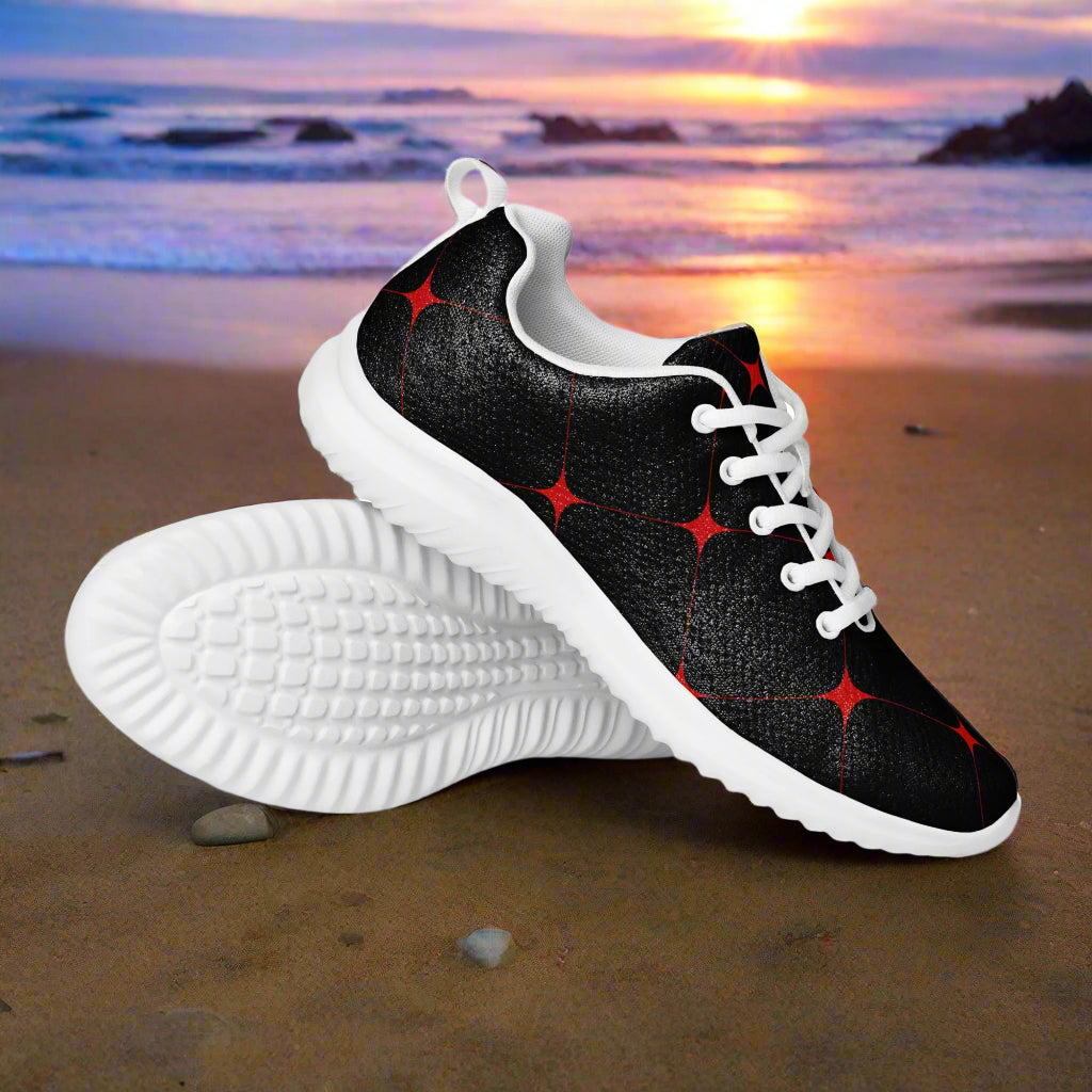 Crimson Diamond Athletic Shoes featuring a stylish black design with red diamond patterns for women's activewear