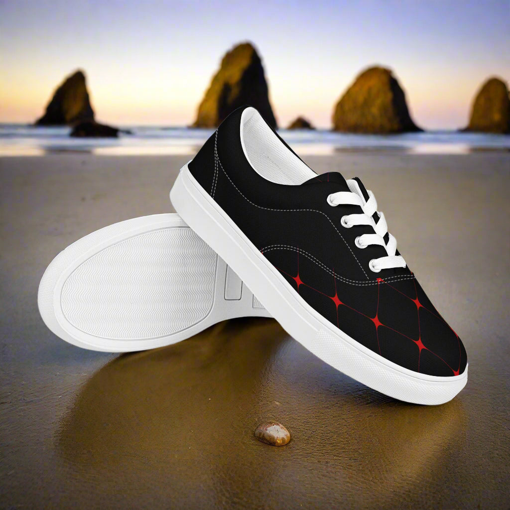 Crimson Diamond Halftone Lace-up Canvas Shoes with Unique Design and White Sole for Casual Wear