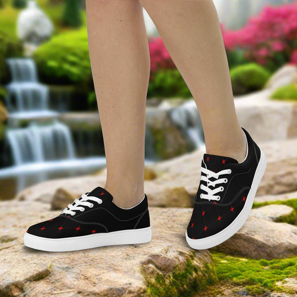 Crimson Diamond Halftone Lace-up Canvas Shoes displayed with a stylish look by a model on a scenic outdoor background