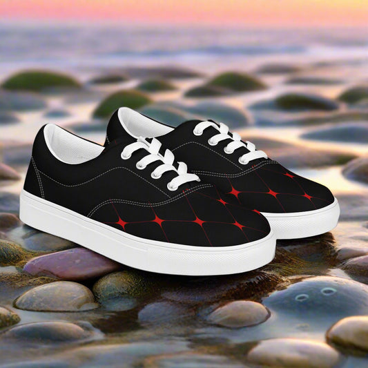 Crimson Diamond Halftone Lace-up Canvas Shoes with a Stylish Black and Red Design