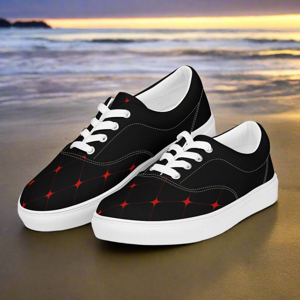 Crimson Diamond Halftone Lace-up Canvas Shoes featuring a unique black and red geometric design