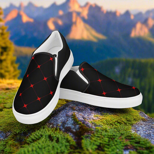 Crimson Diamond Halftone Slip-on Canvas Shoes featuring a stylish black and red pattern for casual wear