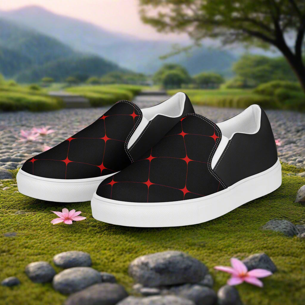 Crimson Diamond Halftone Slip-on Canvas Shoes with a modern black design and versatile style