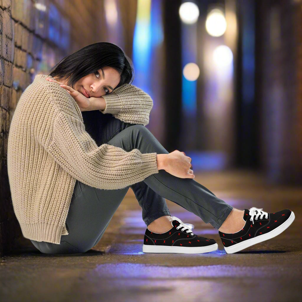 Crimson Diamond Lace-up Canvas Shoes styled with a relaxed outfit in an urban setting