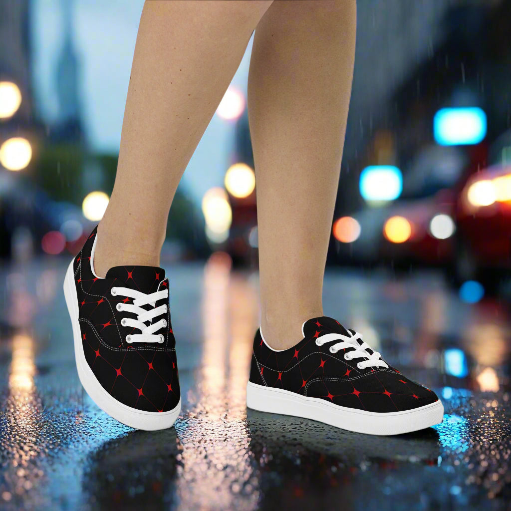 Crimson Diamond Lace-up Canvas Shoes featuring a stylish black design with red diamonds and white laces