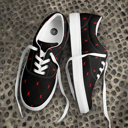 Crimson Diamond Lace-up Canvas Shoes featuring a black base with red diamond pattern and white laces