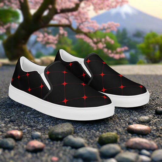 Crimson Diamond Slip-on Canvas Shoes with a stylish black and red pattern, perfect for casual wear