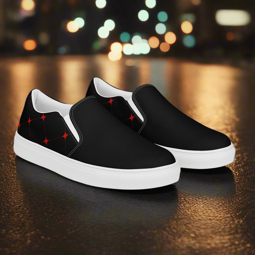 Crimson Diamond Two Tone Slip-on Canvas Shoes with a sleek black and red design for casual style.