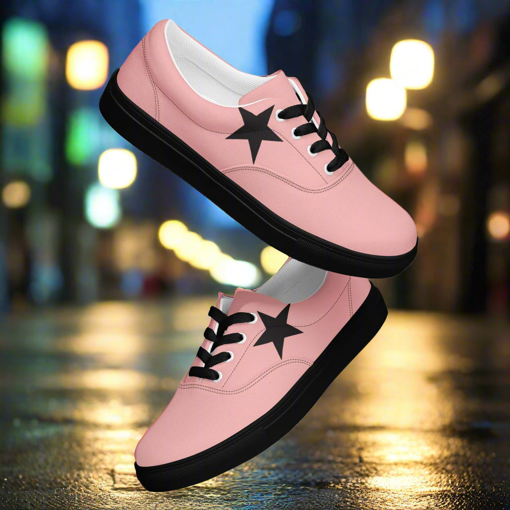 WildSage Market lace-up canvas shoes featuring a pink star pattern and black soles with black laces