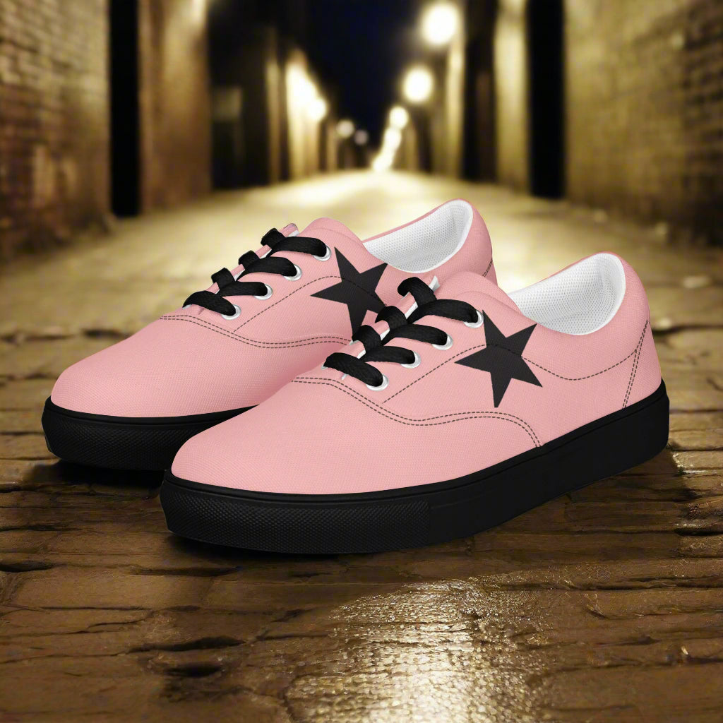 WildSage Market lace-up canvas shoes featuring pink star pattern with black soles and laces