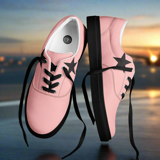 WildSage Market lace-up canvas shoes featuring a pink star pattern with black laces and soles