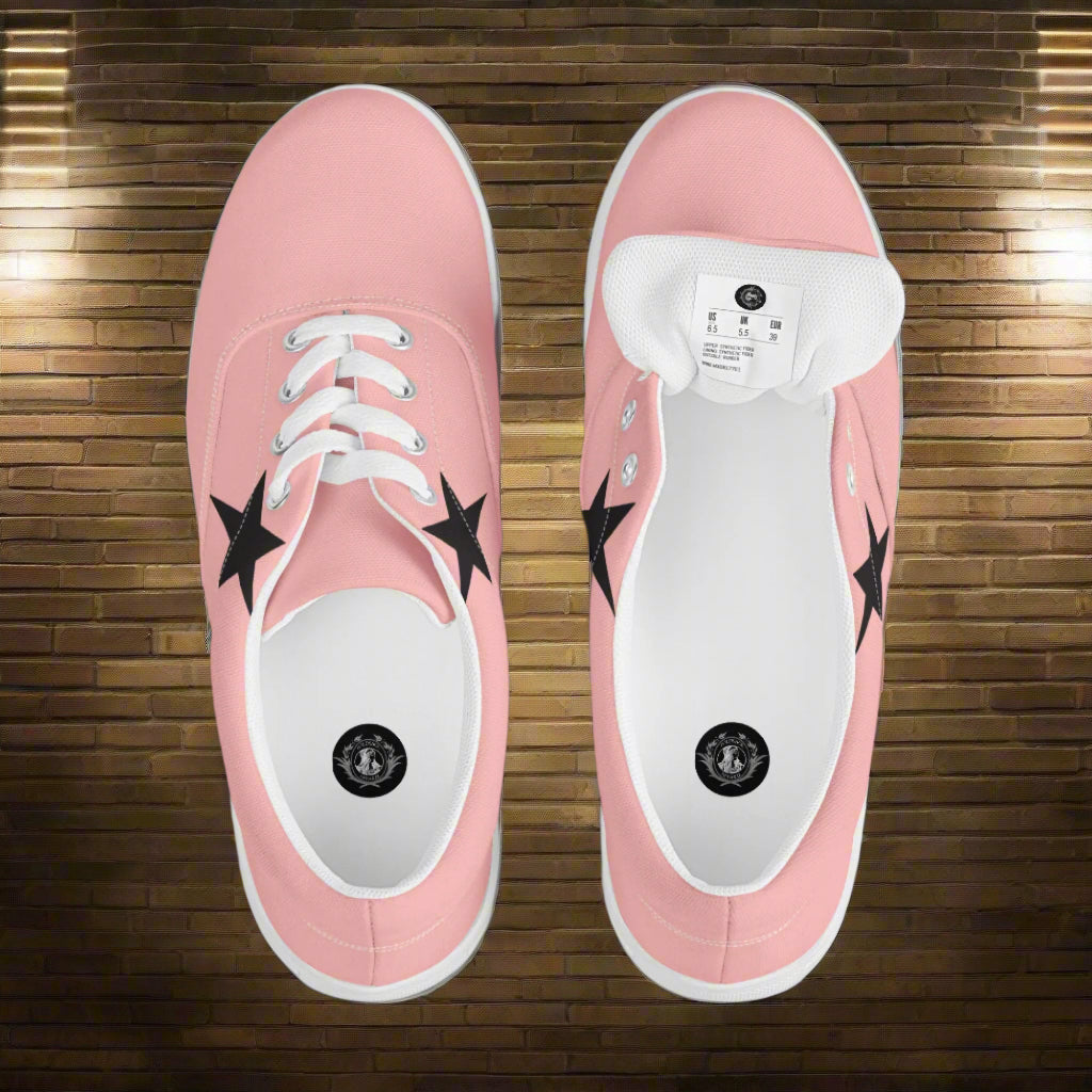 WildSage Market lace-up canvas shoes featuring a pink star pattern with black stars and white laces