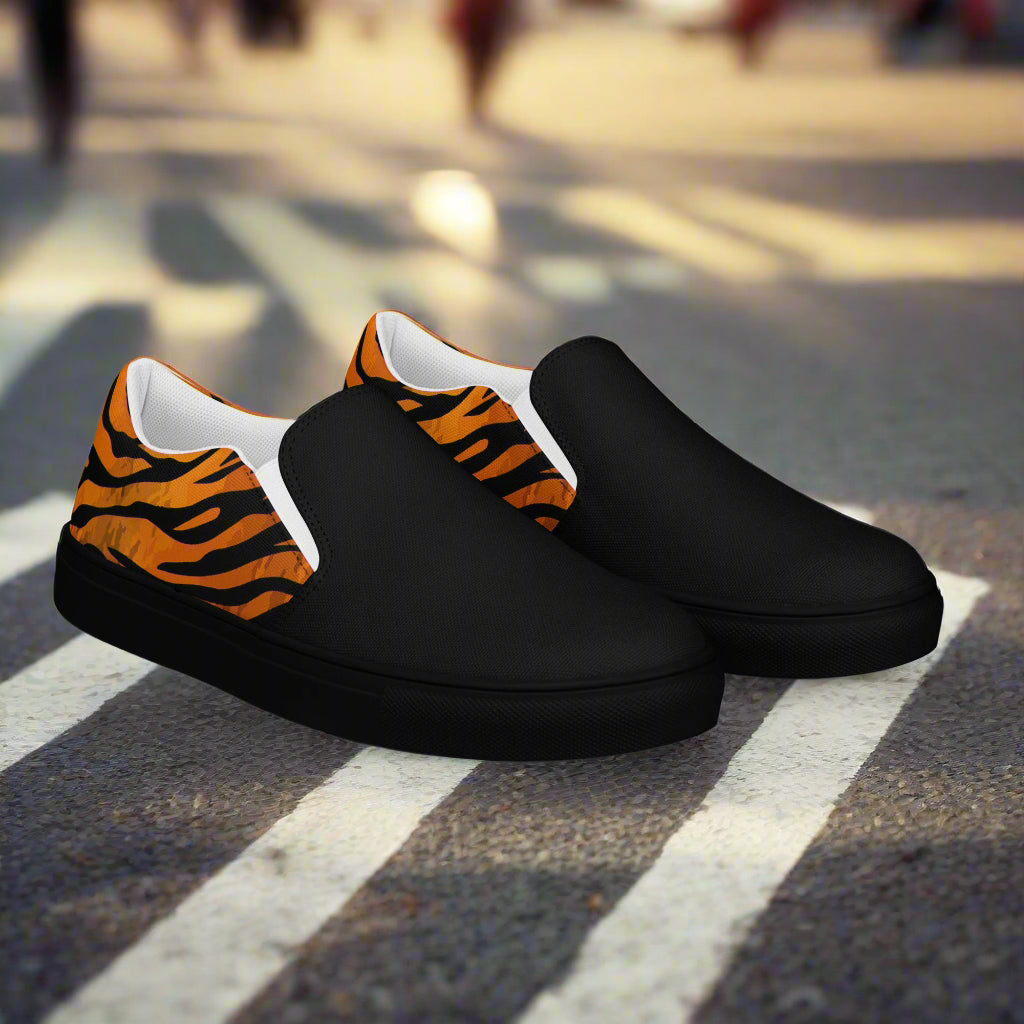 WildSage Market slip on tiger two tone shoes black with orange tiger stripe pattern on sides