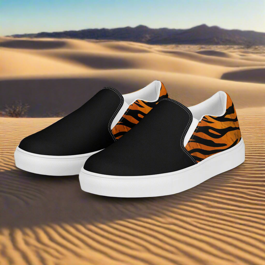 WildSage Market slip on tiger two tone shoes with black front and tiger stripe back design