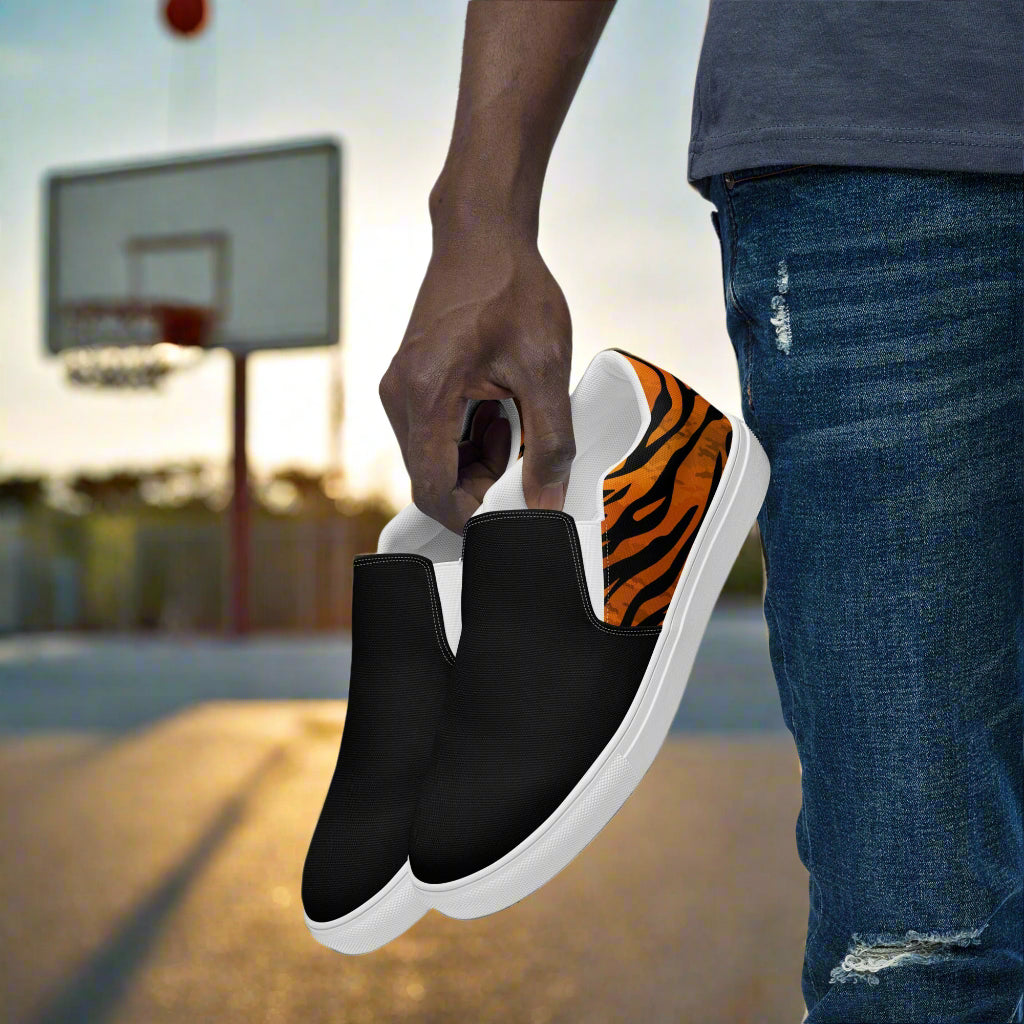 WildSage Market slip on tiger two tone shoes with black front and tiger stripe pattern back