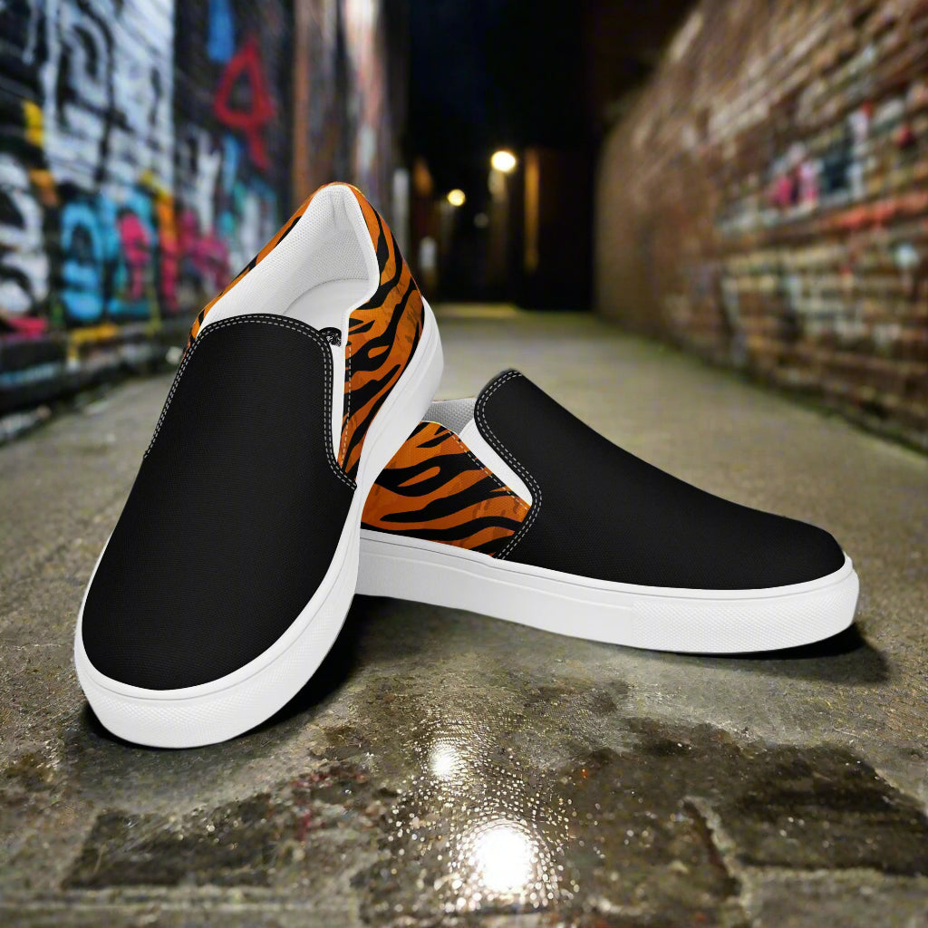 WildSage Market slip on tiger two tone shoes with black front and tiger print back and white sole