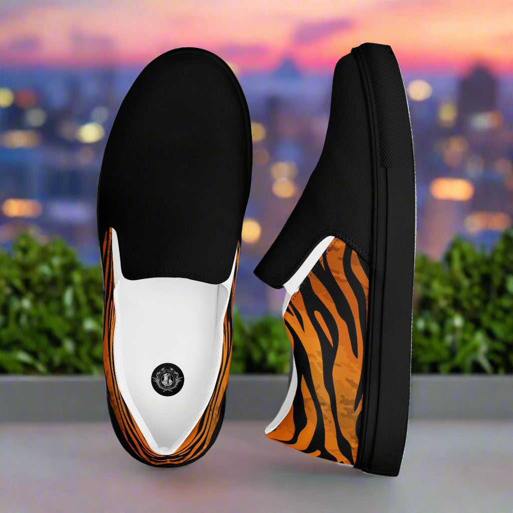 WildSage Market slip on tiger two tone shoes featuring black and tiger stripe design