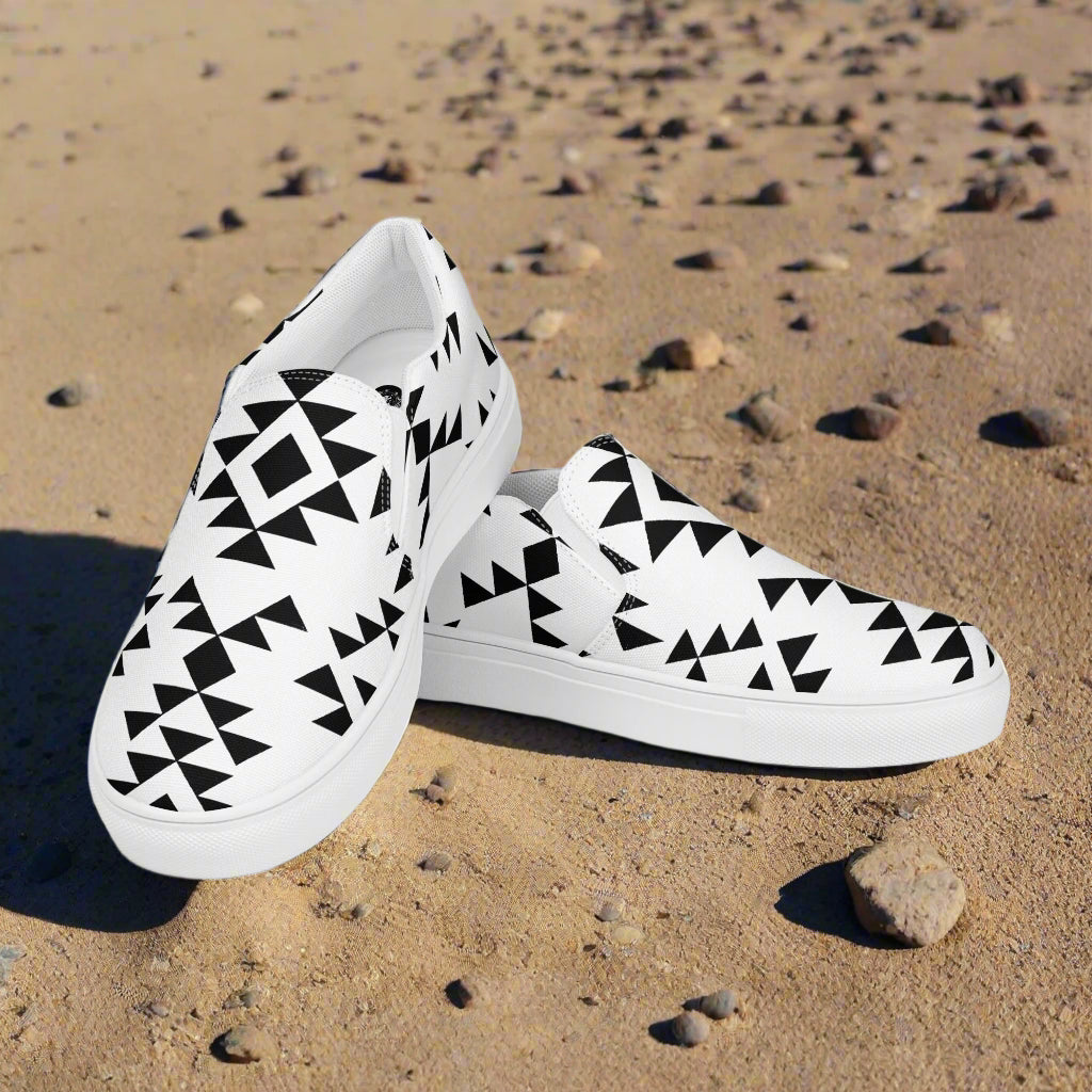 Custom Southwest Patterned slip-on shoes for men featuring a stylish black and white geometric design