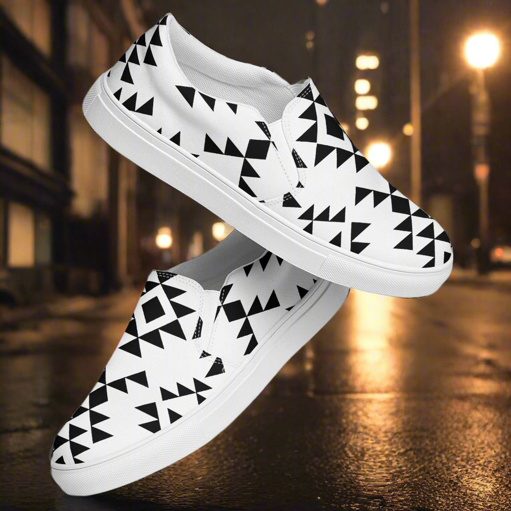 Custom Southwest Patterned slip-on shoes for men featuring a bold geometric design in black and white