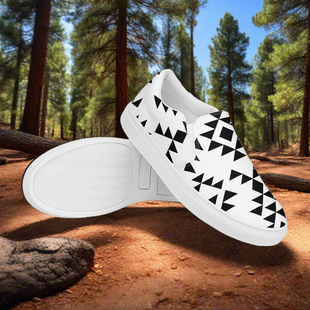 Custom Southwest Patterned slip-on shoes for men featuring a stylish geometric design on a white background