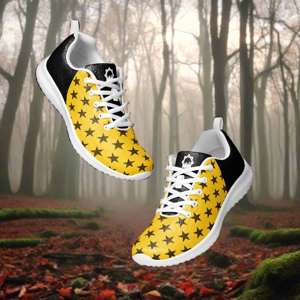 WildSage Market yellow star print womens sneakers with black heel and white sole Custom Athletic Shoes