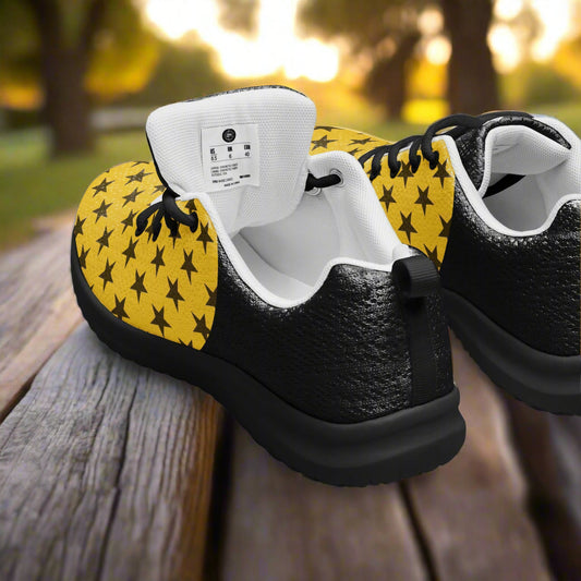 WildSage Market womens Custom Athletic Shoes black textured leather yellow star print white lining on wooden bench outdoors