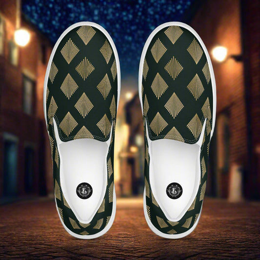 Deco Diamond Slip-on Canvas Shoes featuring a unique green and gold diamond pattern for casual wear