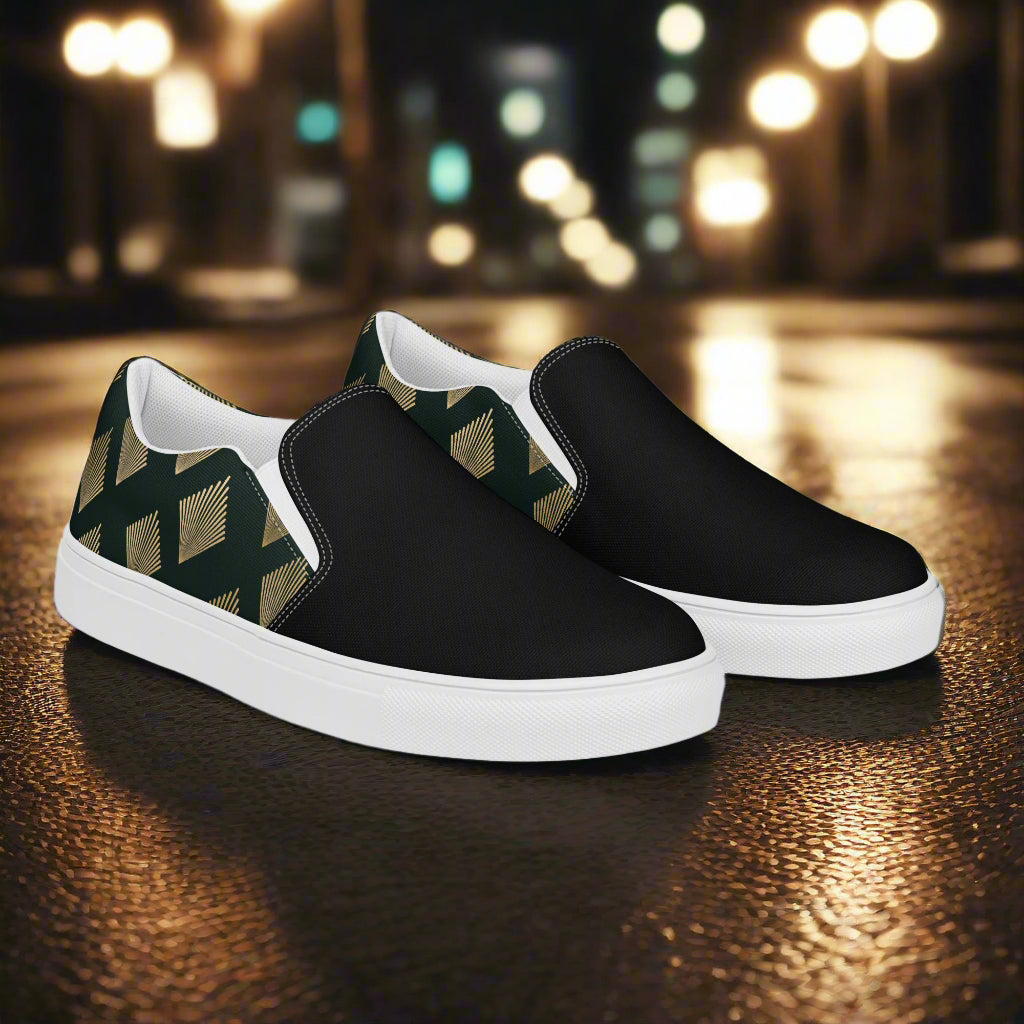 Deco Diamond Two Tone Slip-on Canvas Shoes featuring a stylish black and gold design for casual wear
