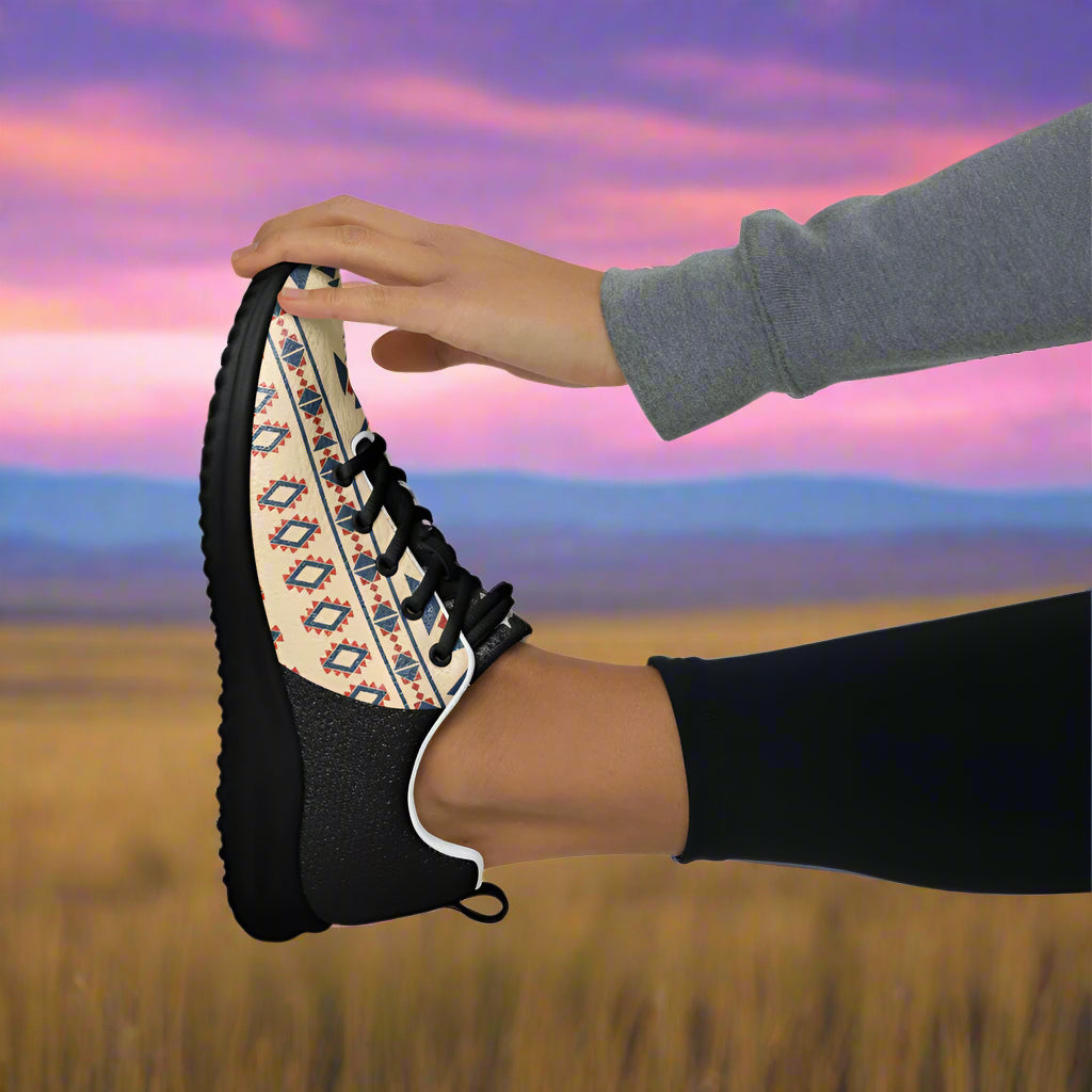 WildSage Market Desert Sol Halftone Athletic Shoes showcased outdoors with a scenic background