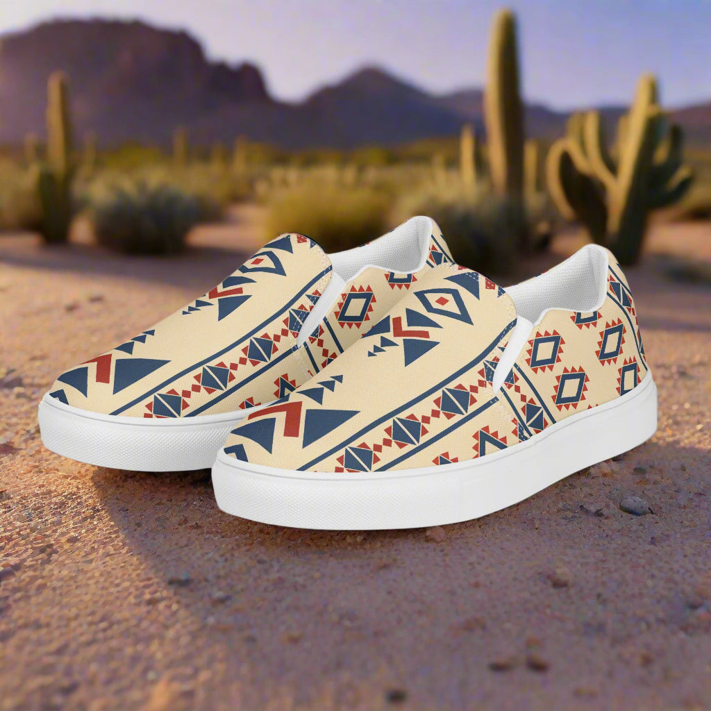Desert Sol Southwest Print Slip-on Canvas Shoes with a colorful geometric pattern for stylish comfort