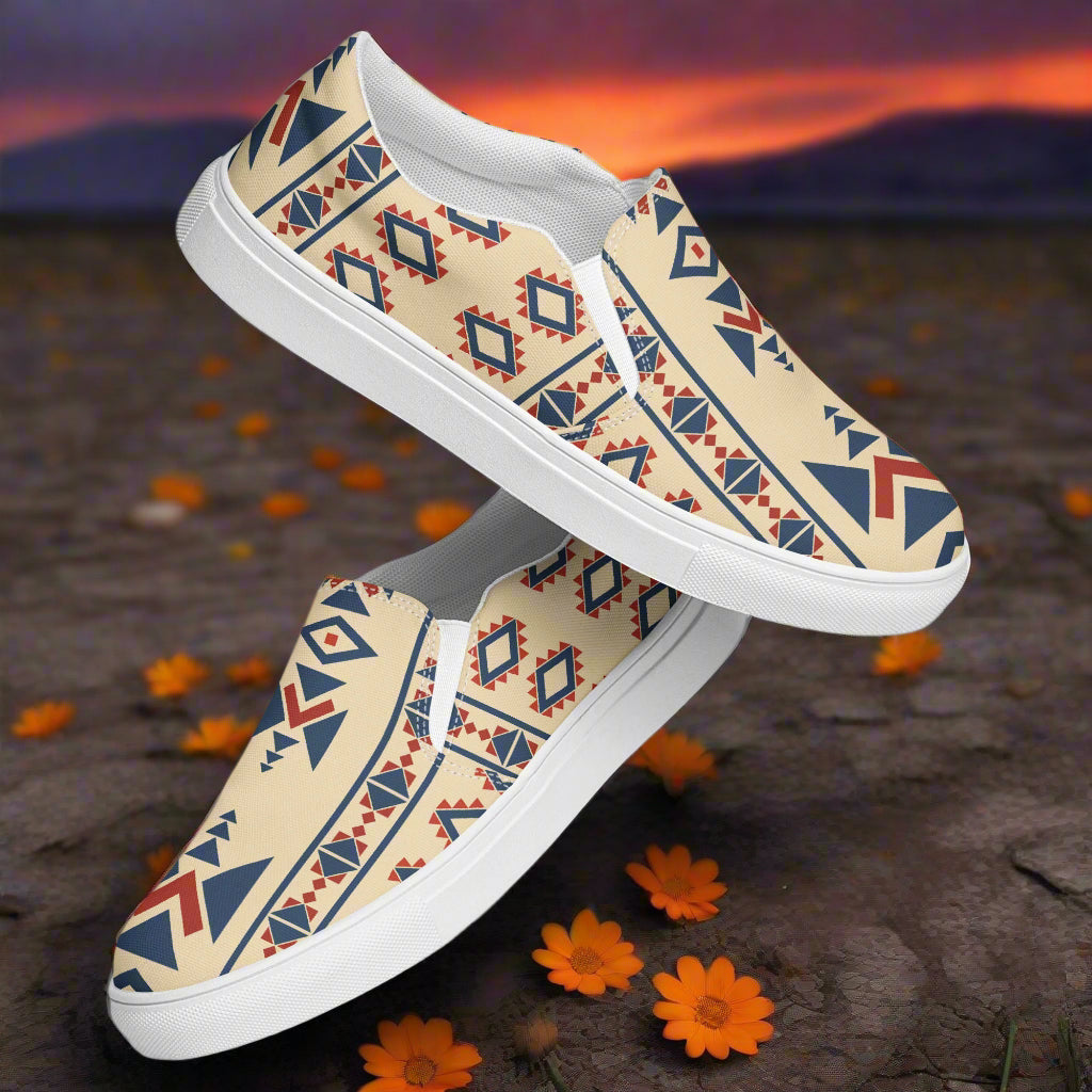 Desert Sol Southwest Print Slip-on Canvas Shoes with vibrant tribal patterns, perfect for casual wear