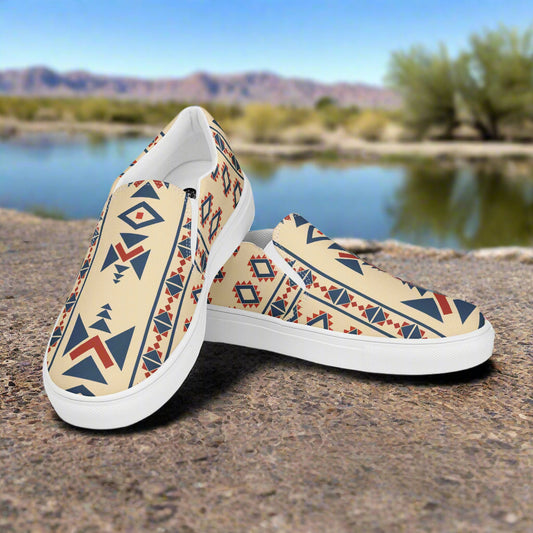 Desert Sol Southwest Print Slip-on Canvas Shoes featuring a unique tribal pattern with earthy tones