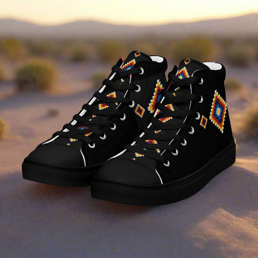 WildSage Market High Top Canvas Shoes black canvas sneakers with colorful southwestern diamond embroidery on desert background